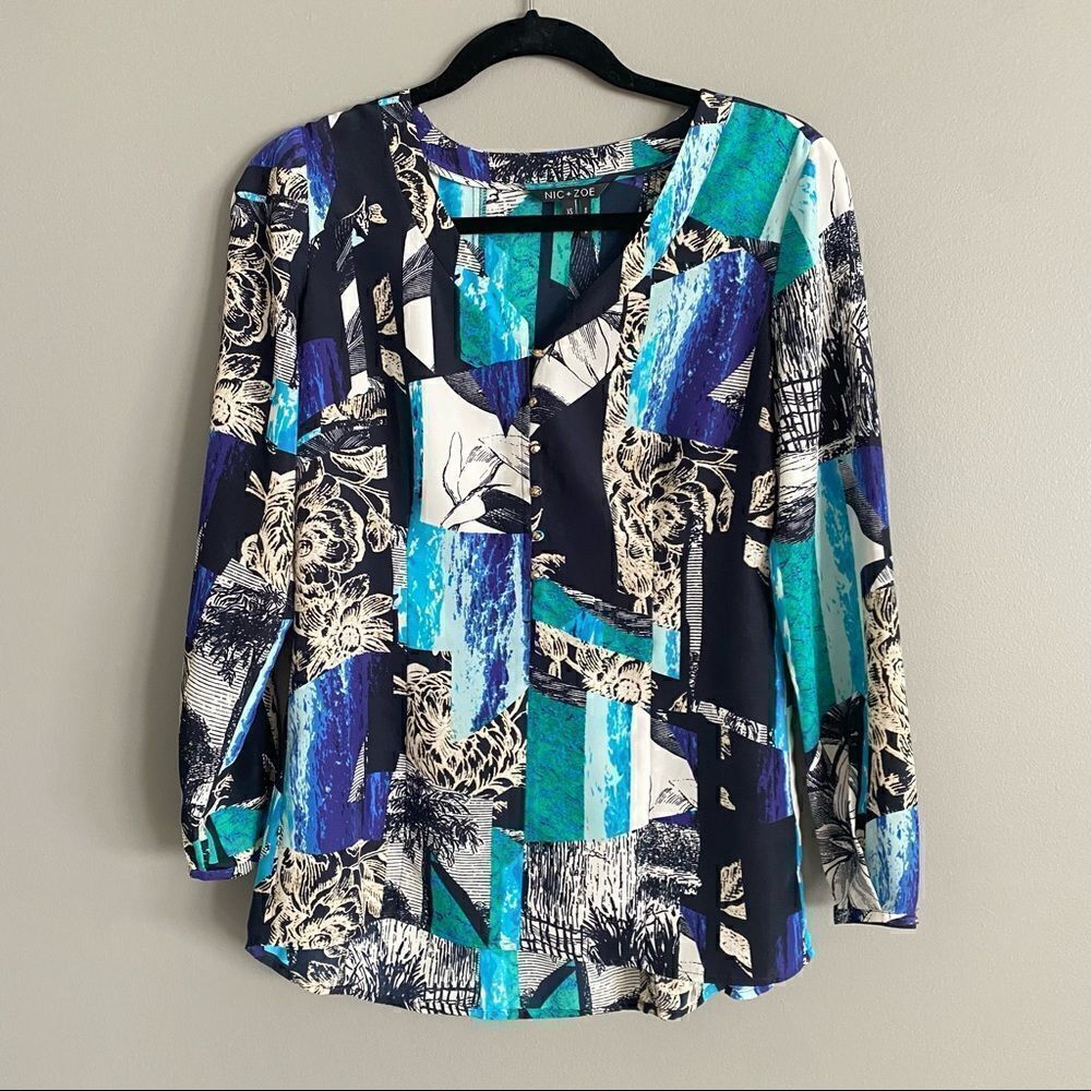 Nic + Zoe Arsty Vibrant Abstract Printed Polyester Button Up Shirt Blouse‎